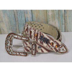 BHW Rhinestone Western Belt Brown Cow Hair Size M 32 Conch Jewel Gemstone Buckle